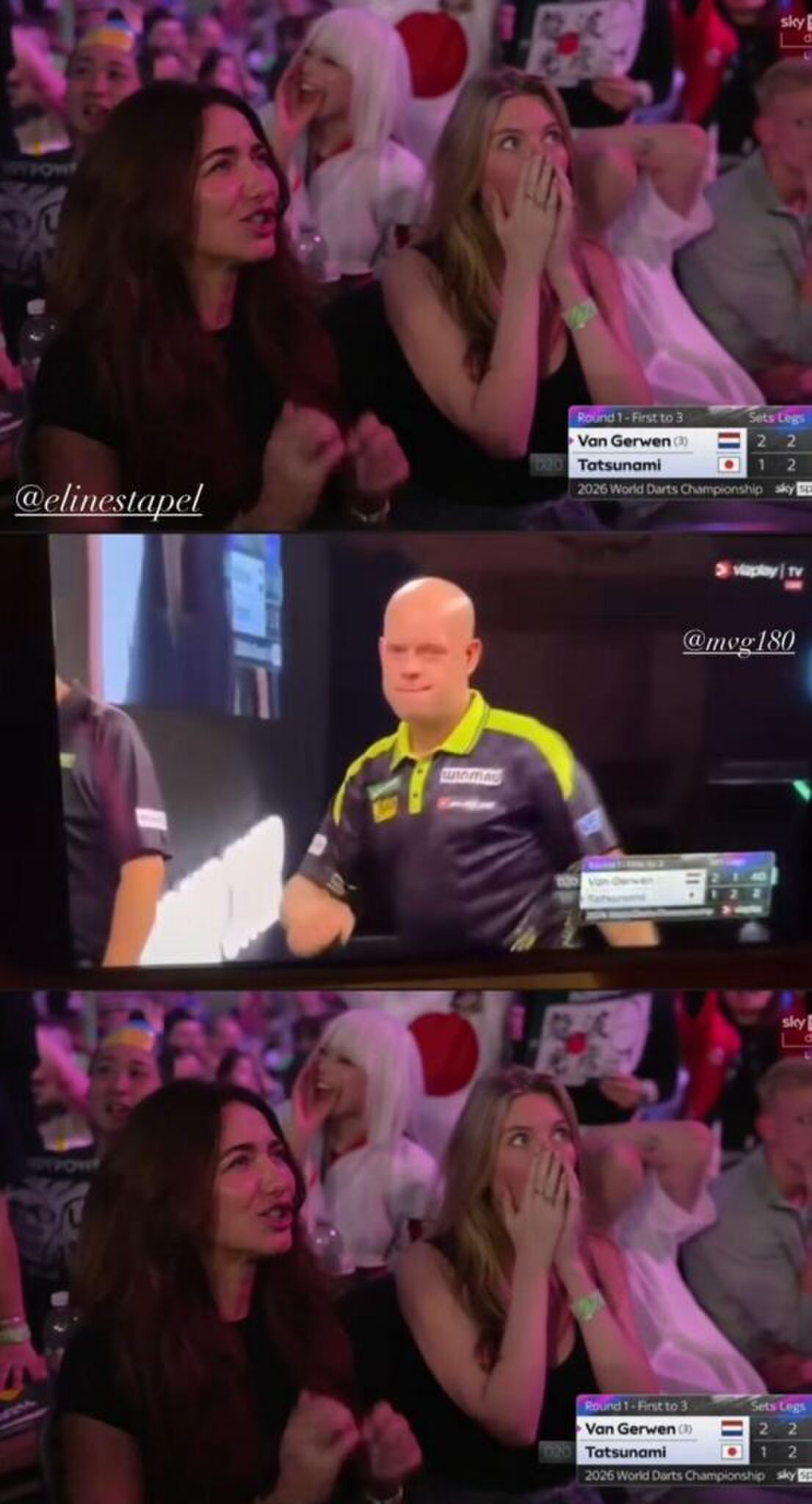 Het Instagram-verhaal van Mariska Stapel, die samen met haar zusje Eline behoorlijk enthousiast juichte voor Michael van Gerwen tijdens zijn eerste partij op het WK darts