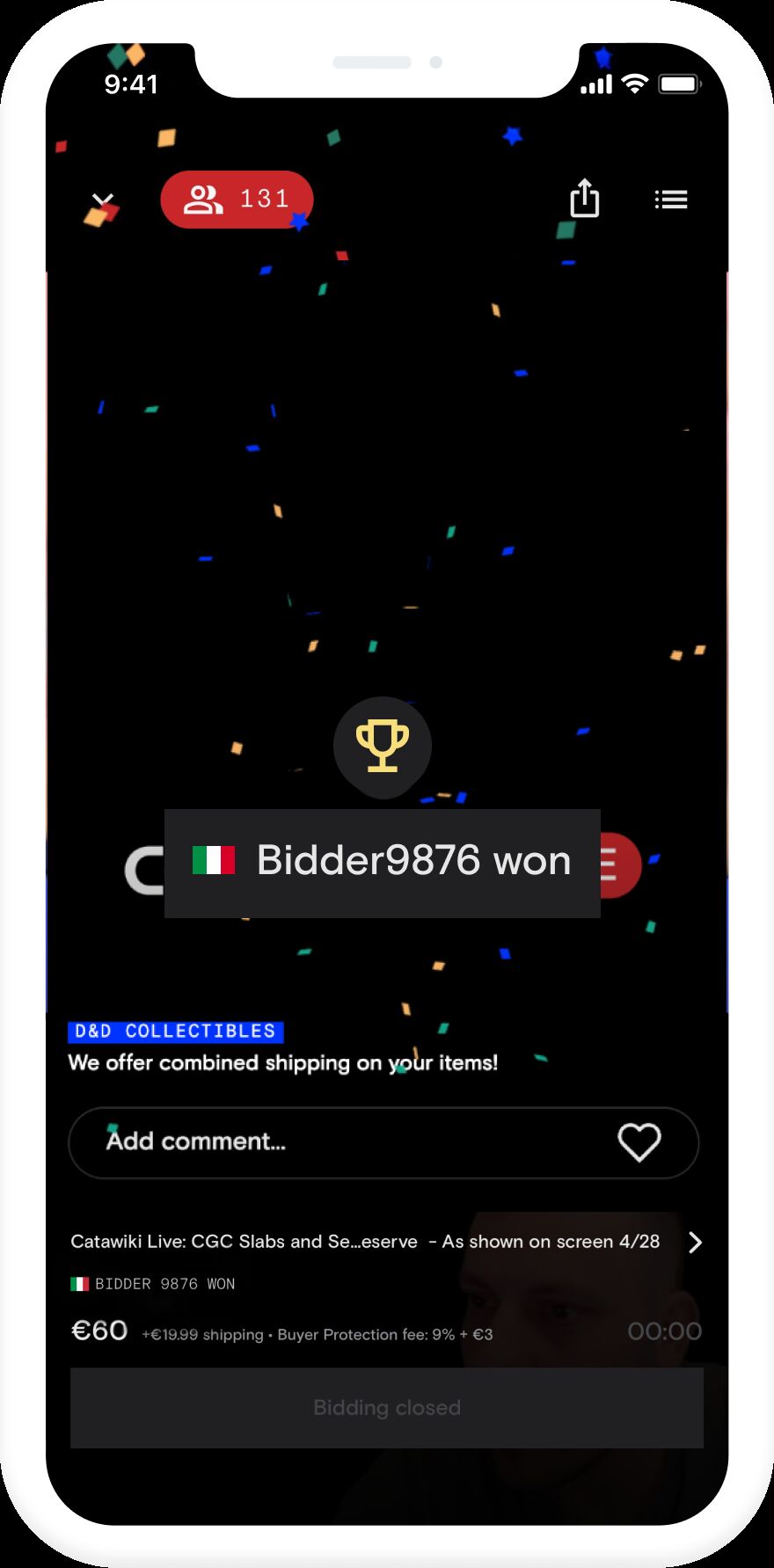 Een screenshot van hoe de livestream op Catawiki Live eruit gaat zien