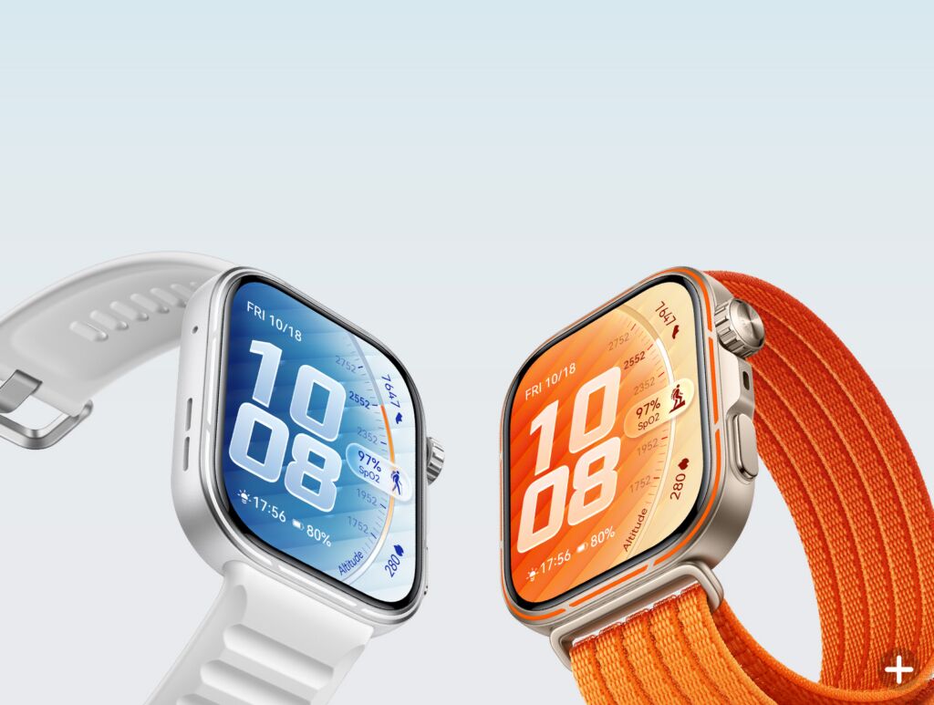 De Watch Fit 5 Pro van Huawei in wit met blauw en in het oranje