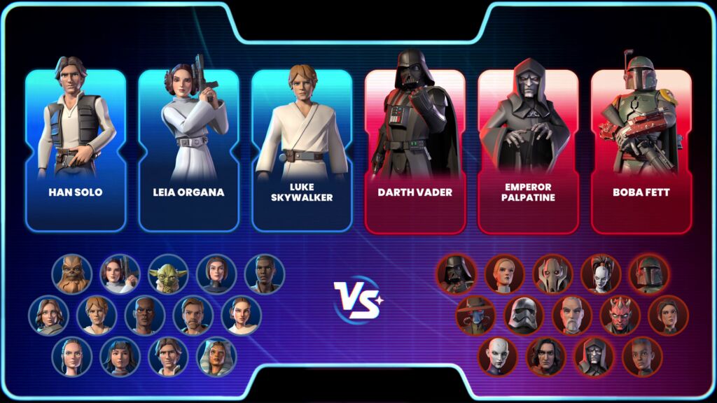 Het karaktermenu in Monopoly: Star Wars™ Heroes vs. Villains