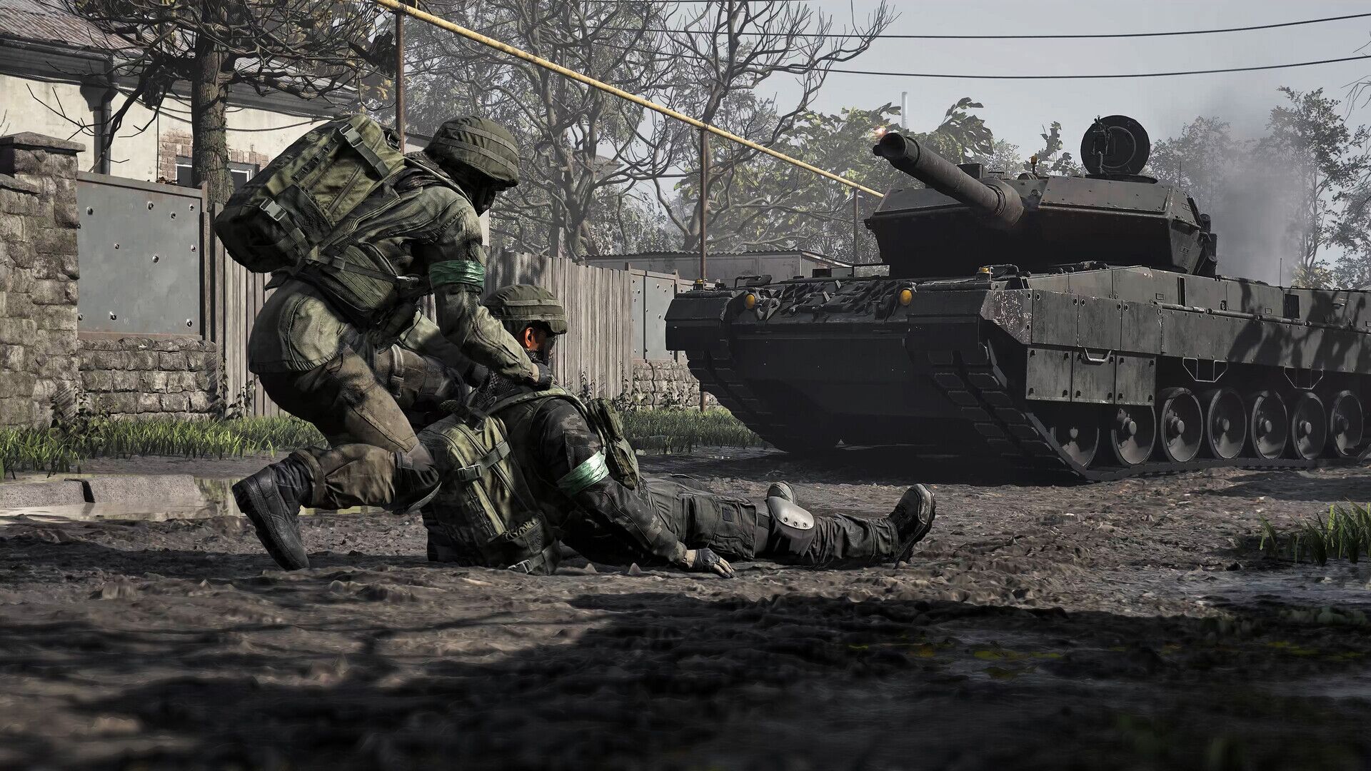 Een tank staat voor een soldaat die een gewonde soldaat versleept in Wardogs