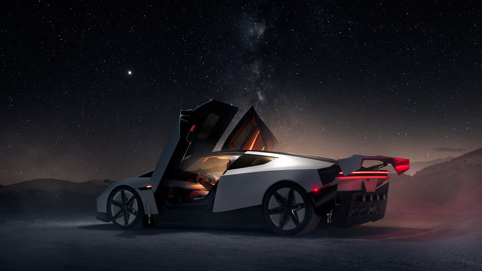 De nieuwe Tesla Roadster in een futuristisch landschap