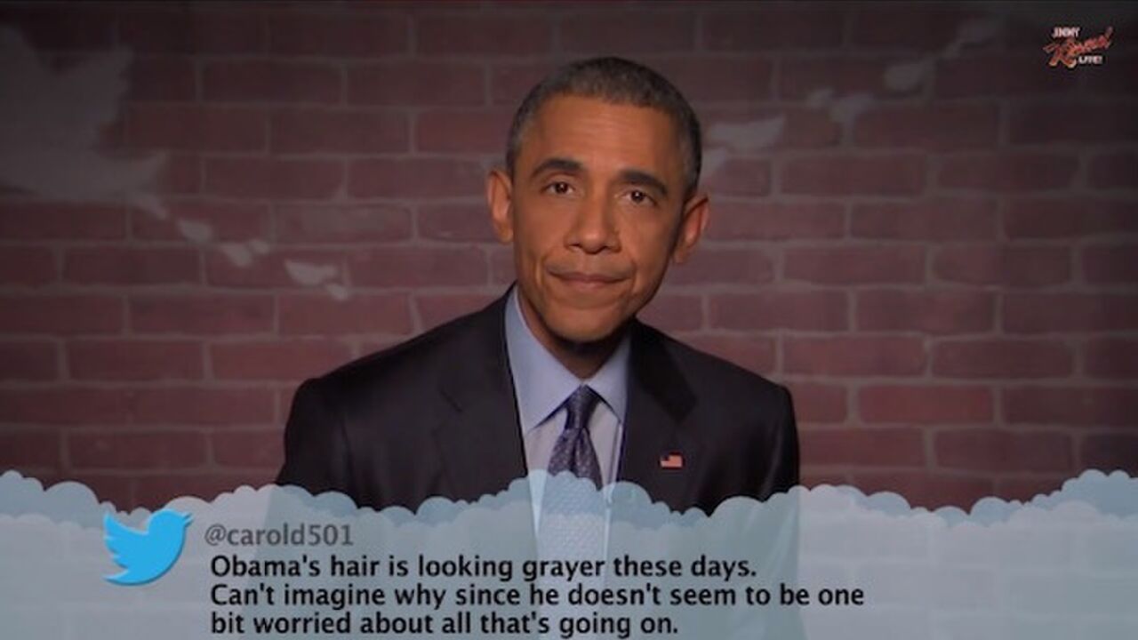 Illustratie voor: President Obama leest gemene tweets over zichzelf voor