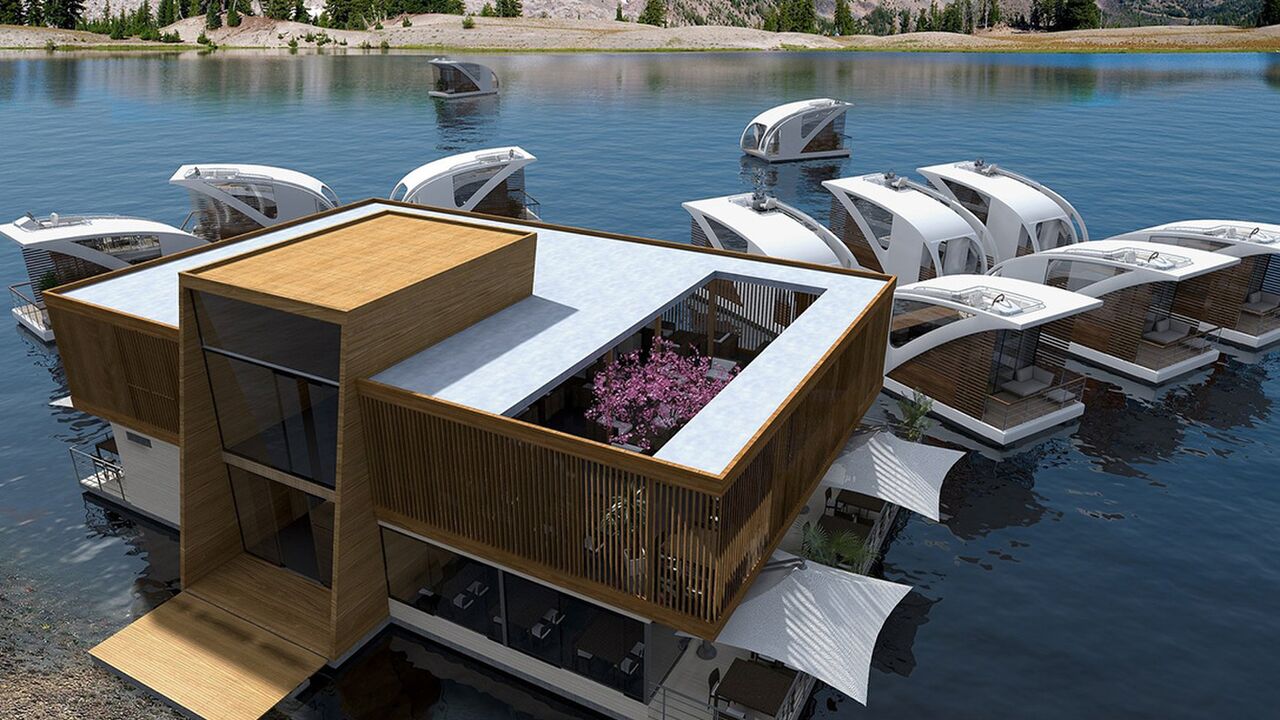 Illustratie voor: Een drijvend hotel met daaromheen losse appartementen