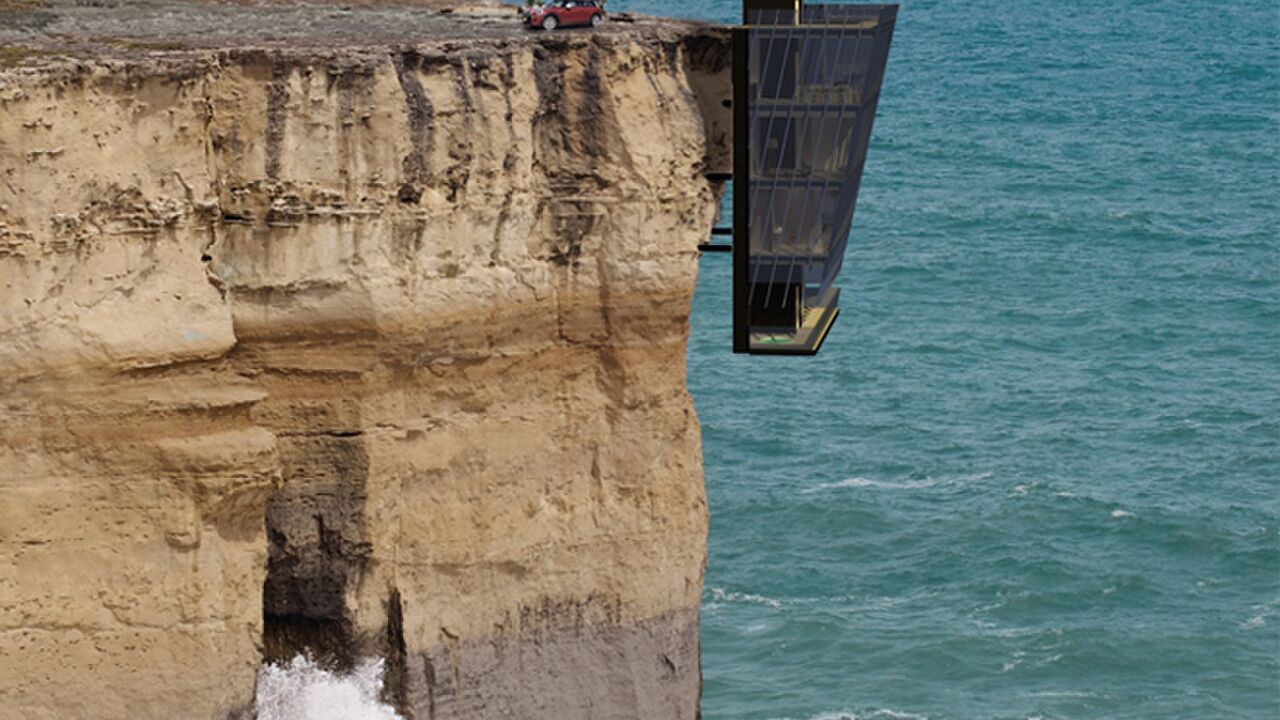 Illustratie voor: ‘Cliff House’ is een appartement wat aan een klif hangt..!
