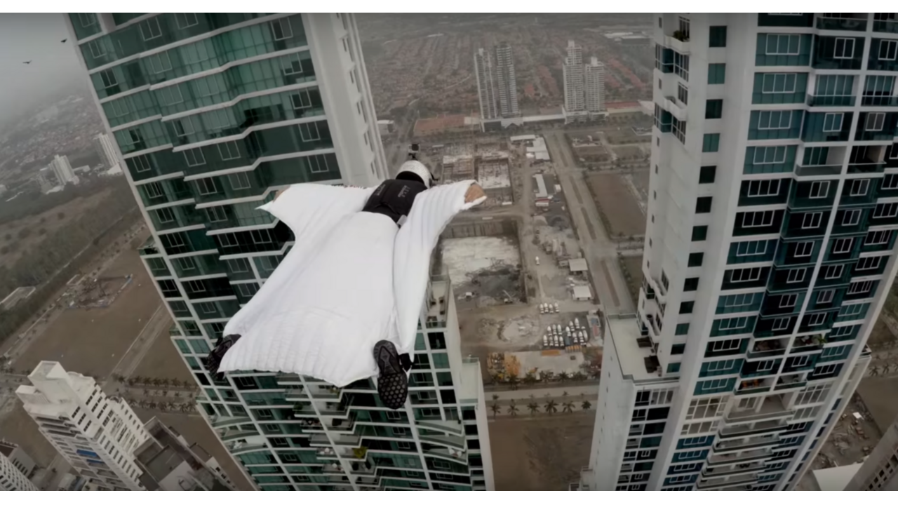 Illustratie voor: Chick met ballen vliegt in een wingsuit over Panama
