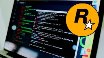 Een computer scherm met code en een rockstar logo