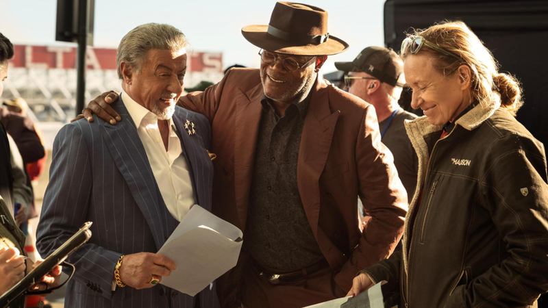 Samuel L. Jackson en Sylvester Stallone op set
