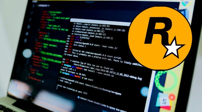 Een computer scherm met code en een rockstar logo